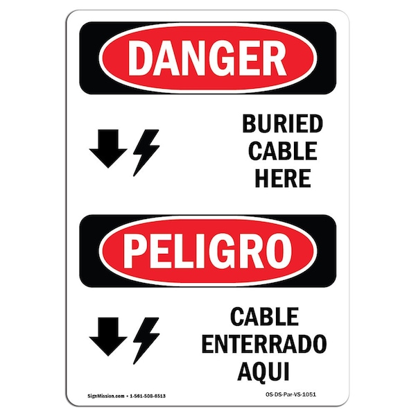 Safety Sign, OSHA Danger, 5" Height, Cable Buried Here Bilingual Spanish, 10PK